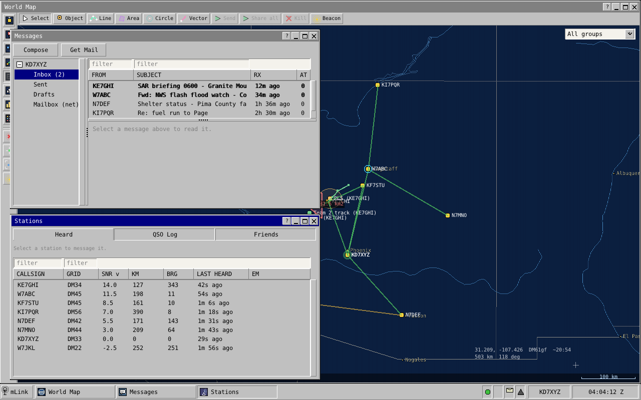The mLink desktop: a station's map, messages and station list in windows on one screen